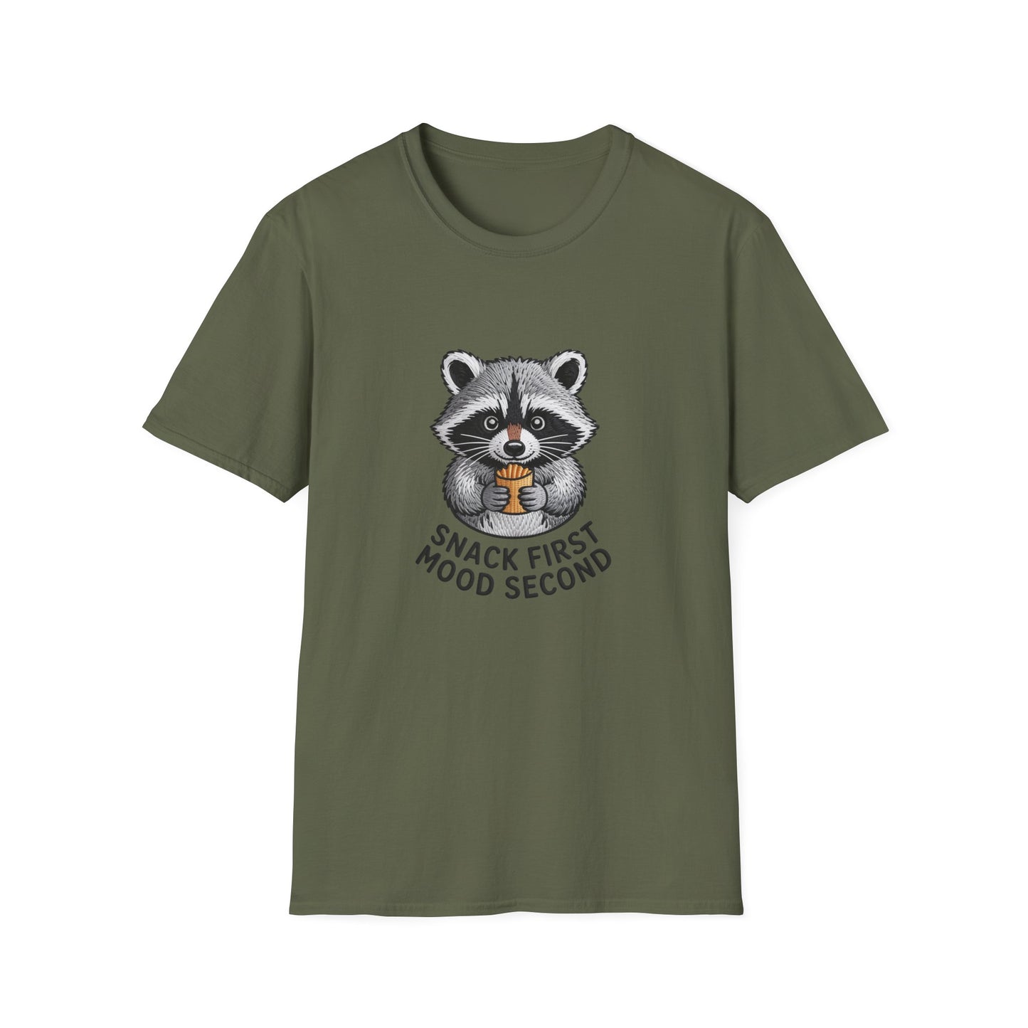 Epic Raccoon Snack T-Shirt | Funny 'Snack First Mood Second' French Fry Lover Tee | Adorable Animal Graphic Gift