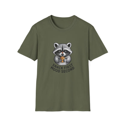 Epic Raccoon Snack T-Shirt | Funny 'Snack First Mood Second' French Fry Lover Tee | Adorable Animal Graphic Gift