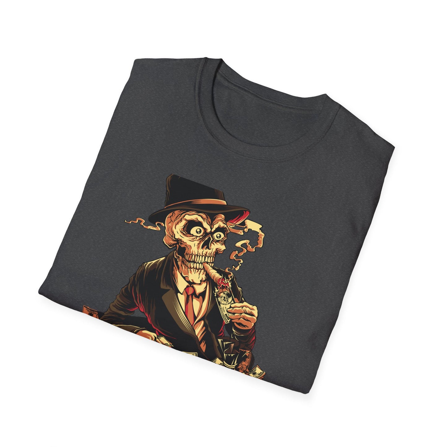 Epic Billionaire Skeleton T-Shirt: Dapper Skull, Money Stacks & Burning Dollar Cigar - Ultimate Hustle Tee
