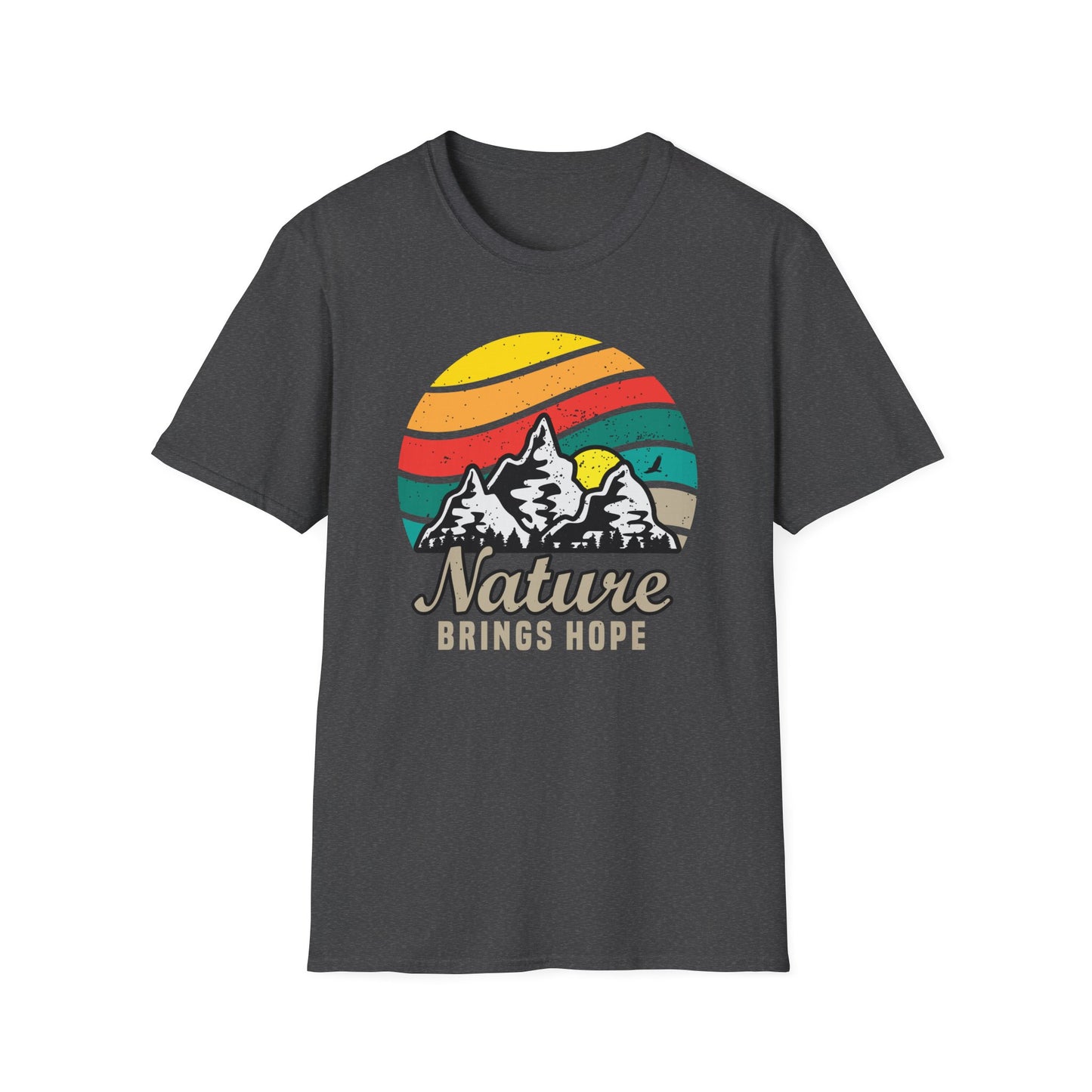 Inspiring Vintage Nature Mountains T-Shirt | Retro Outdoors Adventure Tee with 'Nature Brings Hope' Design | Essential Hiking & Camping Shirt