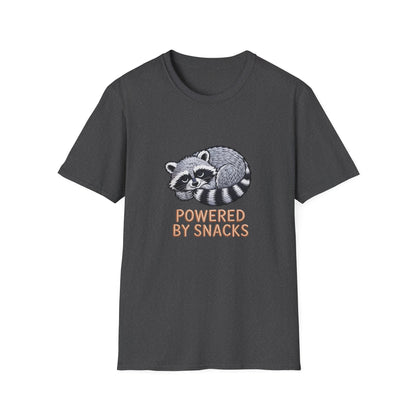 Powered By Snacks Adorable Raccoon T-Shirt | Funny Foodie Animal Lover Tee | Hilarious Snack Enthusiast Gift