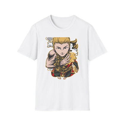 Captivating Mythic Hero T-Shirt | Dynamic Golden Warrior Anime Style Graphic Tee for Gamers & Fantasy Fans
