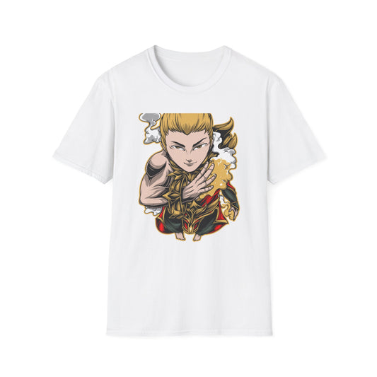 Captivating Mythic Hero T-Shirt | Dynamic Golden Warrior Anime Style Graphic Tee for Gamers & Fantasy Fans
