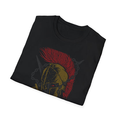 Epic Spartan Skull Helmet T-Shirt - Fearless Warrior Design with Swords & Chains for Men