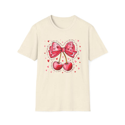 Sweet Cherries & Heart Bow T-Shirt | Adorable Pink Love Design Tee for Women - Perfect Gift