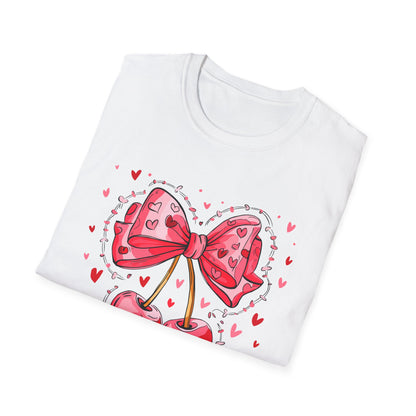 Sweet Cherries & Heart Bow T-Shirt | Adorable Pink Love Design Tee for Women - Perfect Gift