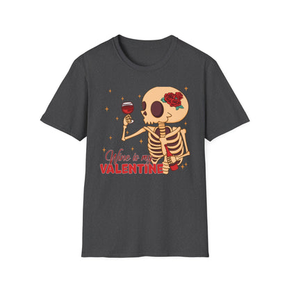 Funny 'Wine is My Valentine' Skeleton T-Shirt | Hilarious Anti-Valentine's Wine Lover Tee Gift
