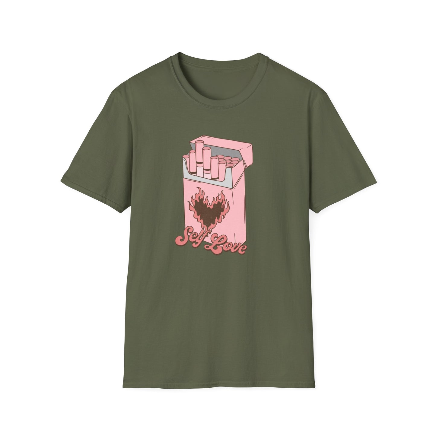Unique Self Love T-Shirt | Pink Retro Cigarette Pack & Flaming Heart Design | Empowering Aesthetic Tee