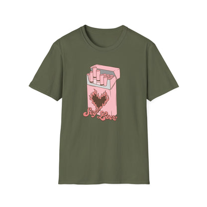 Unique Self Love T-Shirt | Pink Retro Cigarette Pack & Flaming Heart Design | Empowering Aesthetic Tee