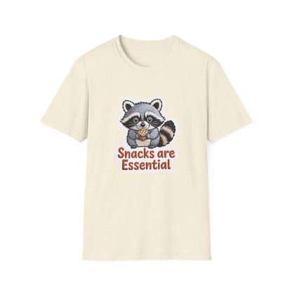 "Snacks are Essential" Raccoon T-Shirt | Cute Foodie Animal Lover Tee | Funny & Cozy Gift for Snack Addicts