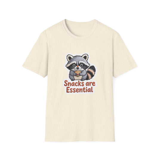 "Snacks are Essential" Raccoon T-Shirt | Cute Foodie Animal Lover Tee | Funny & Cozy Gift for Snack Addicts