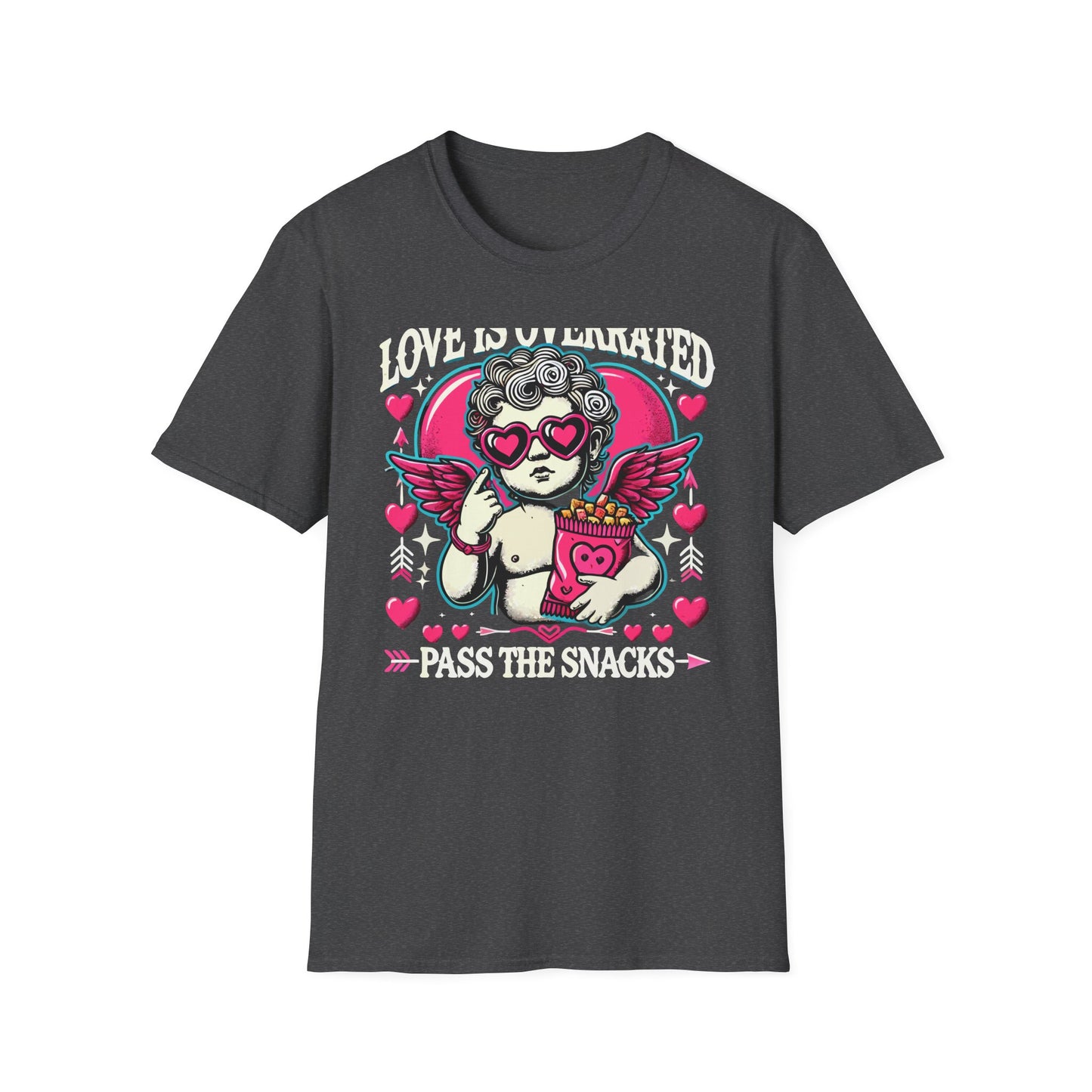 Hilarious 'Love Is Overrated Pass The Snacks' T-Shirt - Anti-Valentine's Day Cupid & Fries Tee. Perfect for Singles & Snack Lovers!