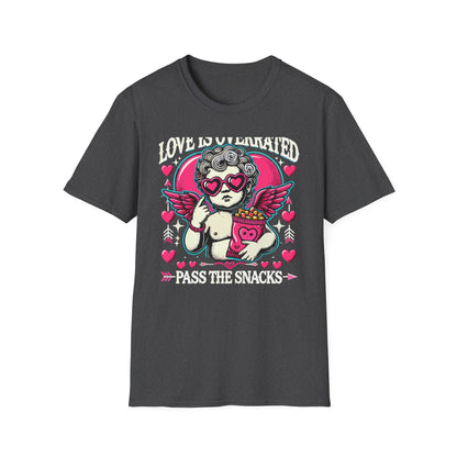 Hilarious 'Love Is Overrated Pass The Snacks' T-Shirt - Anti-Valentine's Day Cupid & Fries Tee. Perfect for Singles & Snack Lovers!
