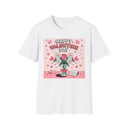 Happy Valentine's Day Floral T-Shirt | Retro Hearts & Daisy Bouquet Tee | Sweet Romantic Gift Idea