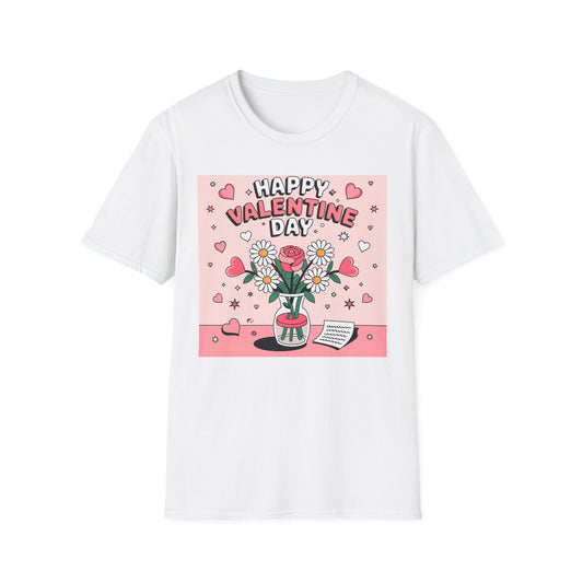 Happy Valentine's Day Floral T-Shirt | Retro Hearts & Daisy Bouquet Tee | Sweet Romantic Gift Idea