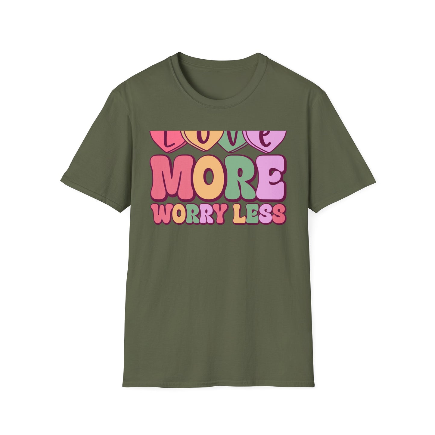 Retro Love More Worry Less T-Shirt - Groovy Candy Hearts & Positive Message Tee for Women & Teens | Inspiring Vibes