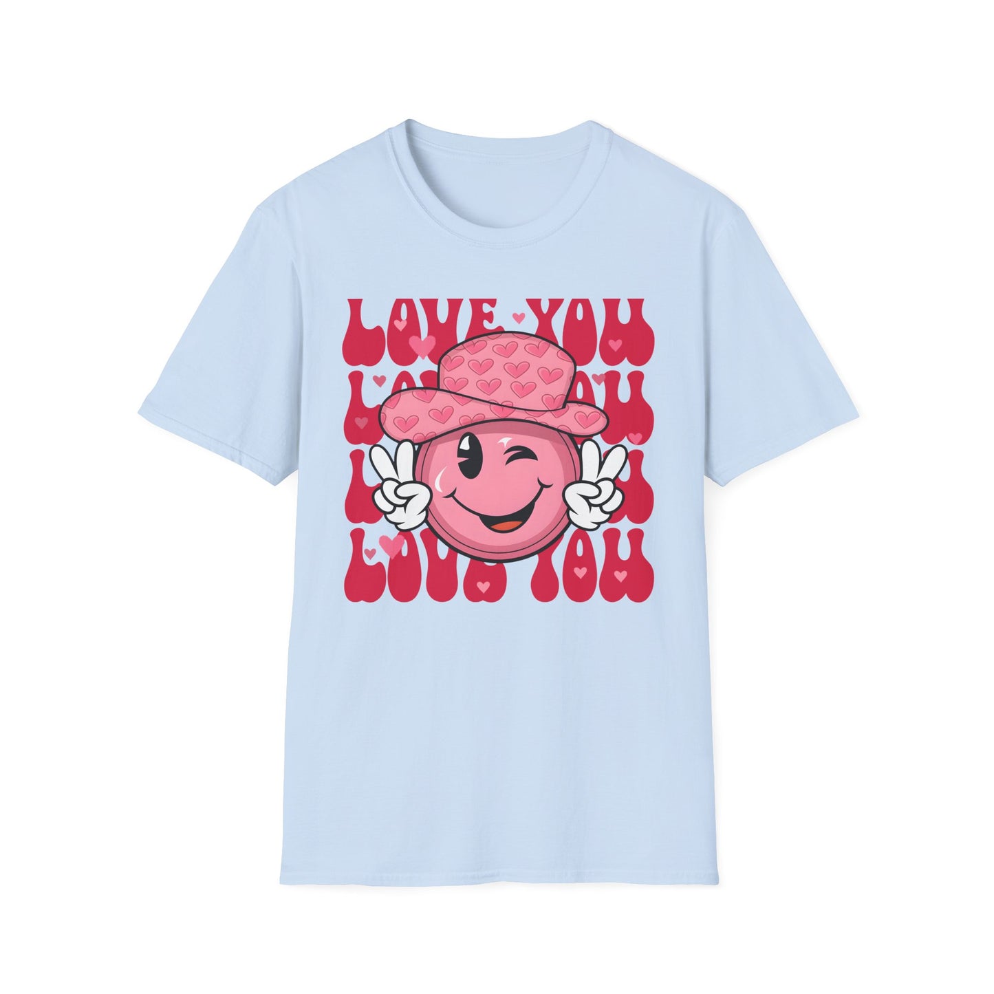 Super Cute Groovy Smiley Face T-Shirt - Pink Hearts Cowboy Hat & Peace Sign - Awesome 'Love You' Tee for Valentine's Day
