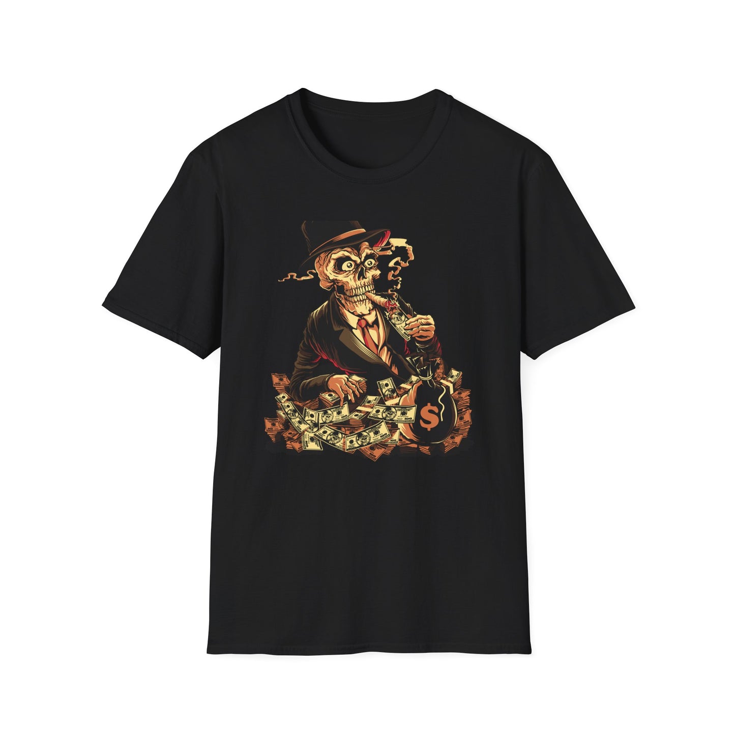 Epic Billionaire Skeleton T-Shirt: Dapper Skull, Money Stacks & Burning Dollar Cigar - Ultimate Hustle Tee
