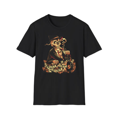 Epic Billionaire Skeleton T-Shirt: Dapper Skull, Money Stacks & Burning Dollar Cigar - Ultimate Hustle Tee