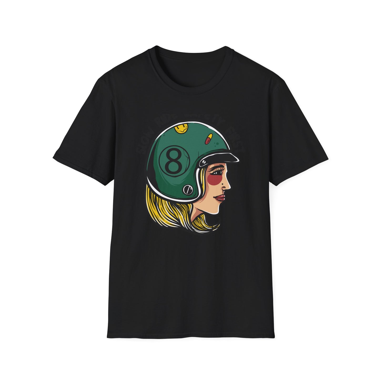 Vibrant Biker Girl Helmet T-Shirt | "Slow Ride Safety First" Retro Motorcycle Rider Tee for Women
