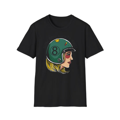 Vibrant Biker Girl Helmet T-Shirt | "Slow Ride Safety First" Retro Motorcycle Rider Tee for Women