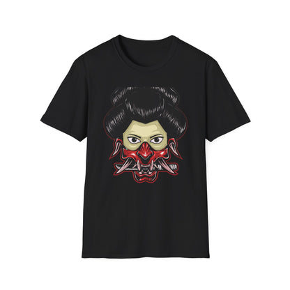 Fierce Hannya Mask T-Shirt | Striking Japanese Oni Demon Warrior Tee with Blade | Bold Traditional Art Statement Shirt