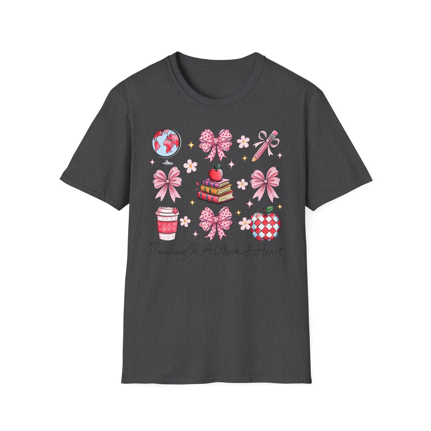 Awesome Teacher Appreciation T-Shirt | 'Teaching Is A Work of Heart' Tee | Cute School Supplies & Pink Bows Gift