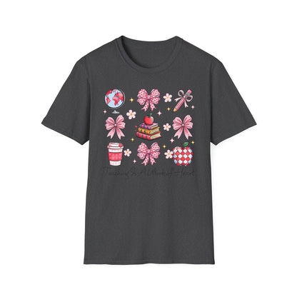 Awesome Teacher Appreciation T-Shirt | 'Teaching Is A Work of Heart' Tee | Cute School Supplies & Pink Bows Gift