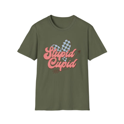 Stupid Cupid Retro T-Shirt | Sarcastic Anti-Valentine's Day Tee with Checkerboard Heart & Arrow | Funny Love Gift