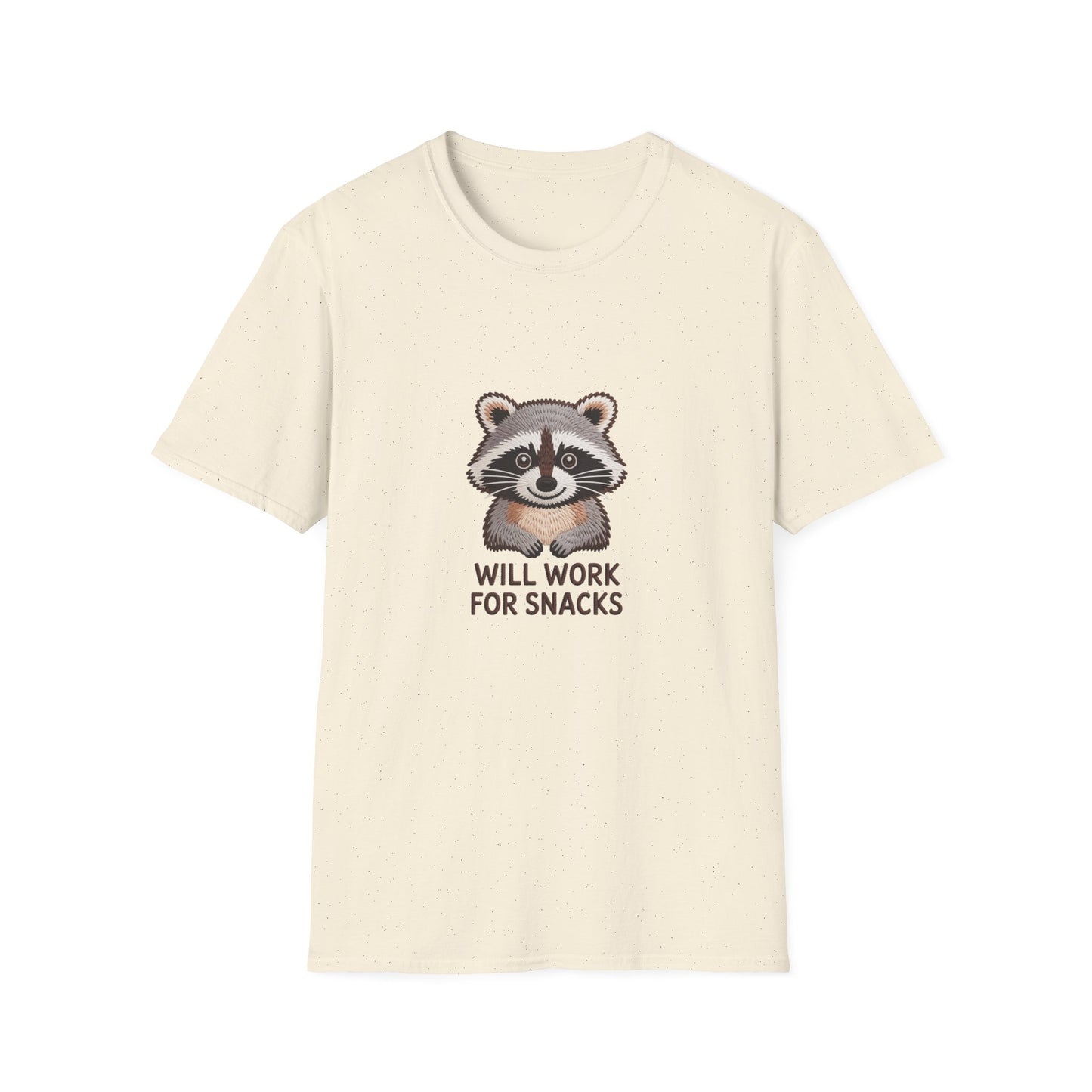 Hilarious Raccoon 'Will Work For Snacks' T-Shirt | Adorable Embroidered-Style Animal Lover Tee Gift