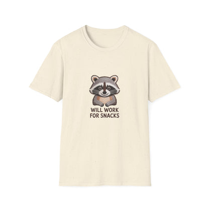 Hilarious Raccoon 'Will Work For Snacks' T-Shirt | Adorable Embroidered-Style Animal Lover Tee Gift