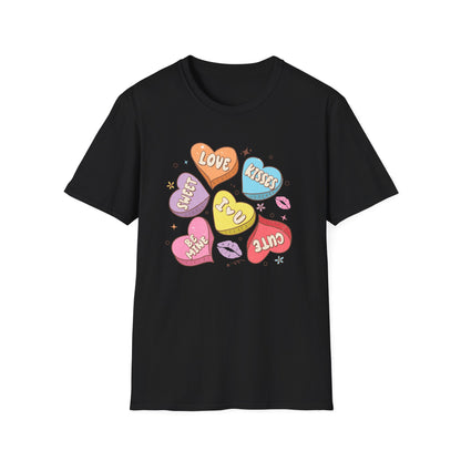 Adorable Retro Conversation Hearts T-Shirt - Sweet Valentine's Day Love & Kisses Graphic Tee - Charming Gift for Her