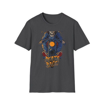 Epic Grim Reaper Biker T-Shirt | 'Death Race' Skeleton Motorcycle Graphic Tee for Bold Riders & Edgy Streetwear Fans
