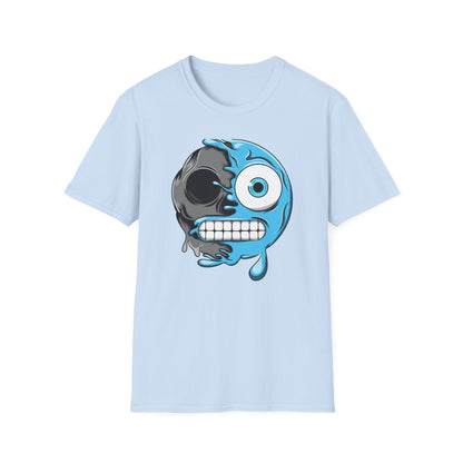 Epic Melting Skull & Blue Cartoon Split Face T-Shirt | Unique Edgy Graphic Tee for Streetwear & Art Lovers