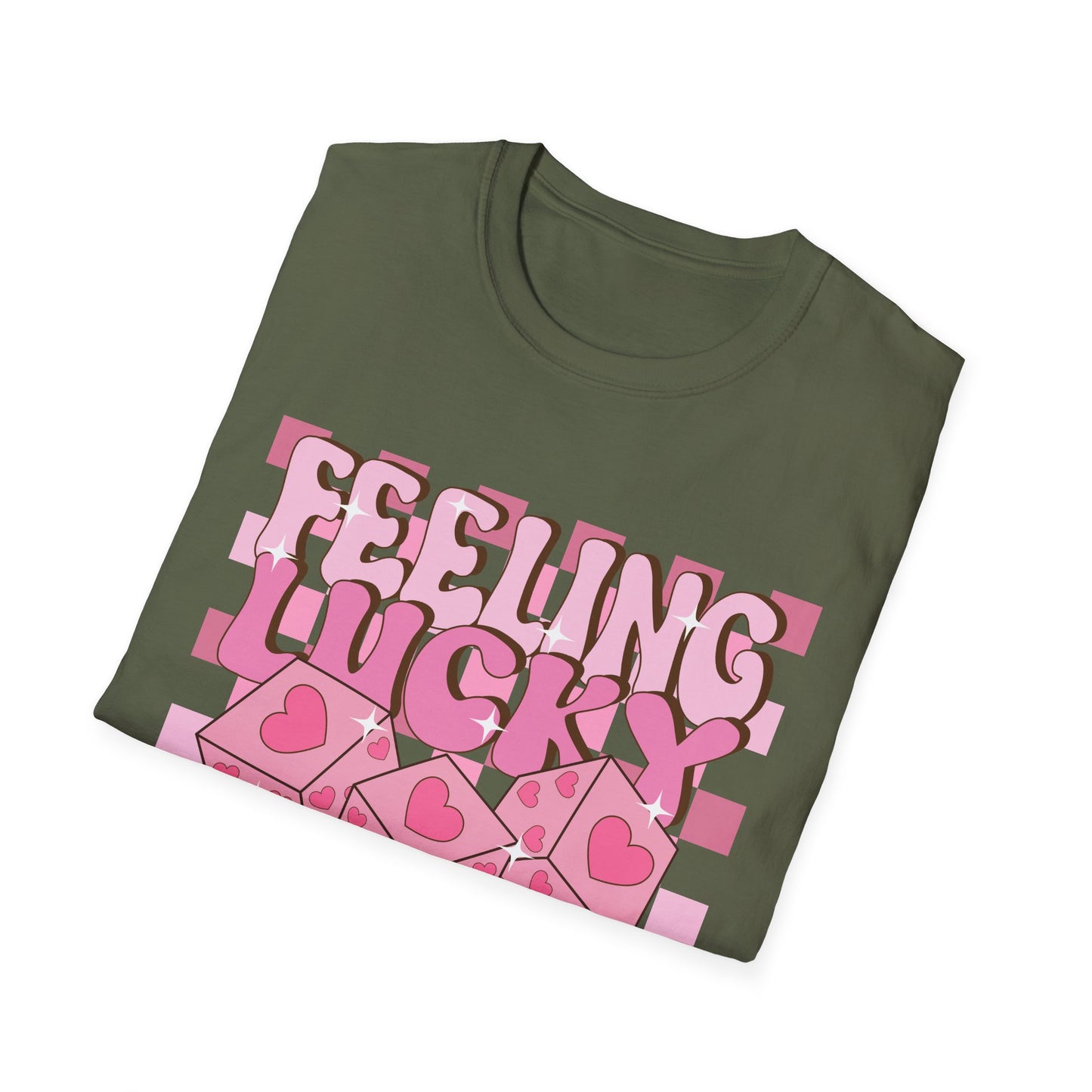 Feeling Lucky Groovy T-Shirt | Pink Heart Dice Retro Aesthetic Tee | Trendy Y2K Cute Sparkling Top for Women & Teens