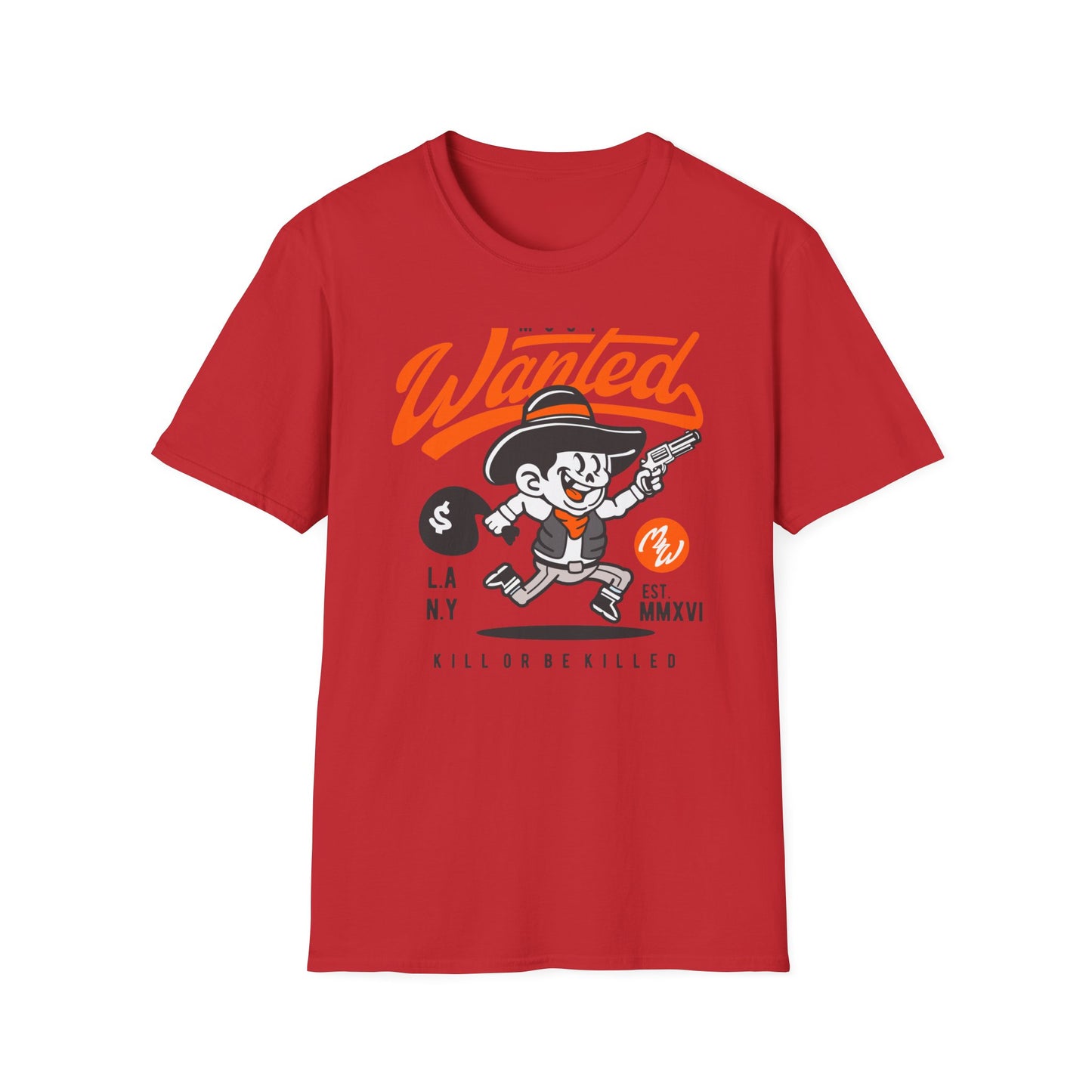 Most Wanted Urban Outlaw T-Shirt | Edgy Rebel Streetwear Tee with Cowboy, Gun & Money Bag Design. Unstoppable Style!