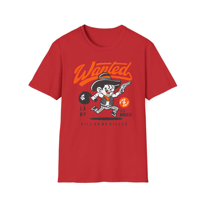 Most Wanted Urban Outlaw T-Shirt | Edgy Rebel Streetwear Tee with Cowboy, Gun & Money Bag Design. Unstoppable Style!