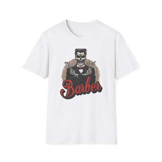 Dapper Skull Barber T-Shirt: Vintage Barbershop Masterpiece with Straight Razor & Scissors - Ultimate Stylist Gift