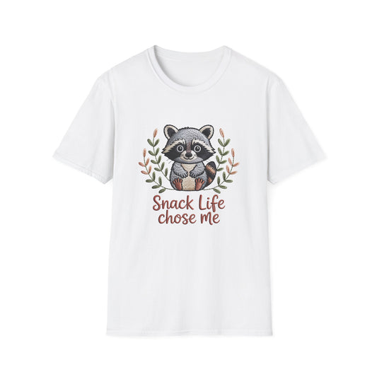 Adorable Embroidered Style Raccoon "Snack Life Chose Me" T-Shirt | Funny Animal Lover Tee | Unique Gift for Snackers!