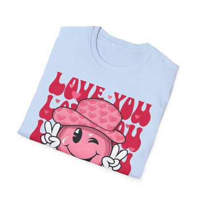 Super Cute Groovy Smiley Face T-Shirt - Pink Hearts Cowboy Hat & Peace Sign - Awesome 'Love You' Tee for Valentine's Day