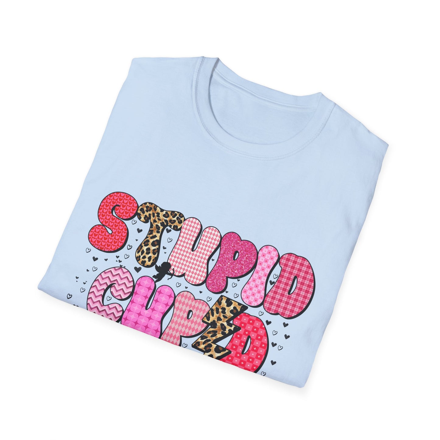 Edgy "Stupid Cupid" T-Shirt - Sarcastic Anti-Valentine's Day Tee with Retro Leopard & Glitter Patterns