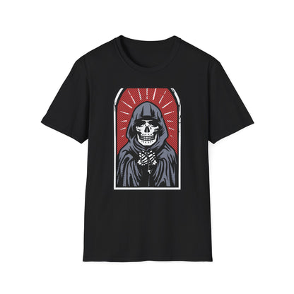 Bold Pop Art Skeleton T-Shirt: Hooded Grim Reaper with Rosary - Unique Gothic Alt Style Tee