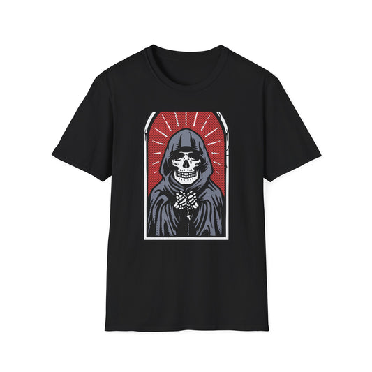 Bold Pop Art Skeleton T-Shirt: Hooded Grim Reaper with Rosary - Unique Gothic Alt Style Tee