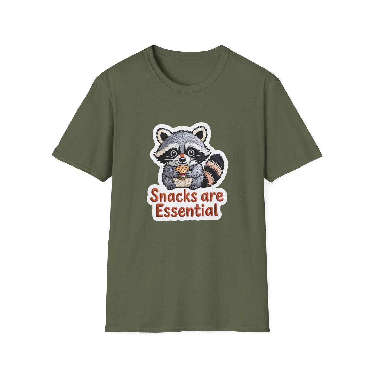 "Snacks are Essential" Raccoon T-Shirt | Cute Foodie Animal Lover Tee | Funny & Cozy Gift for Snack Addicts