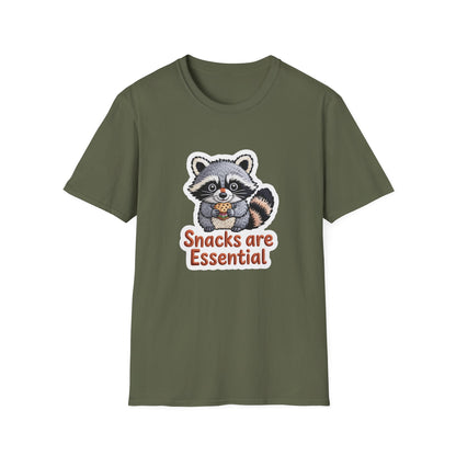 "Snacks are Essential" Raccoon T-Shirt | Cute Foodie Animal Lover Tee | Funny & Cozy Gift for Snack Addicts