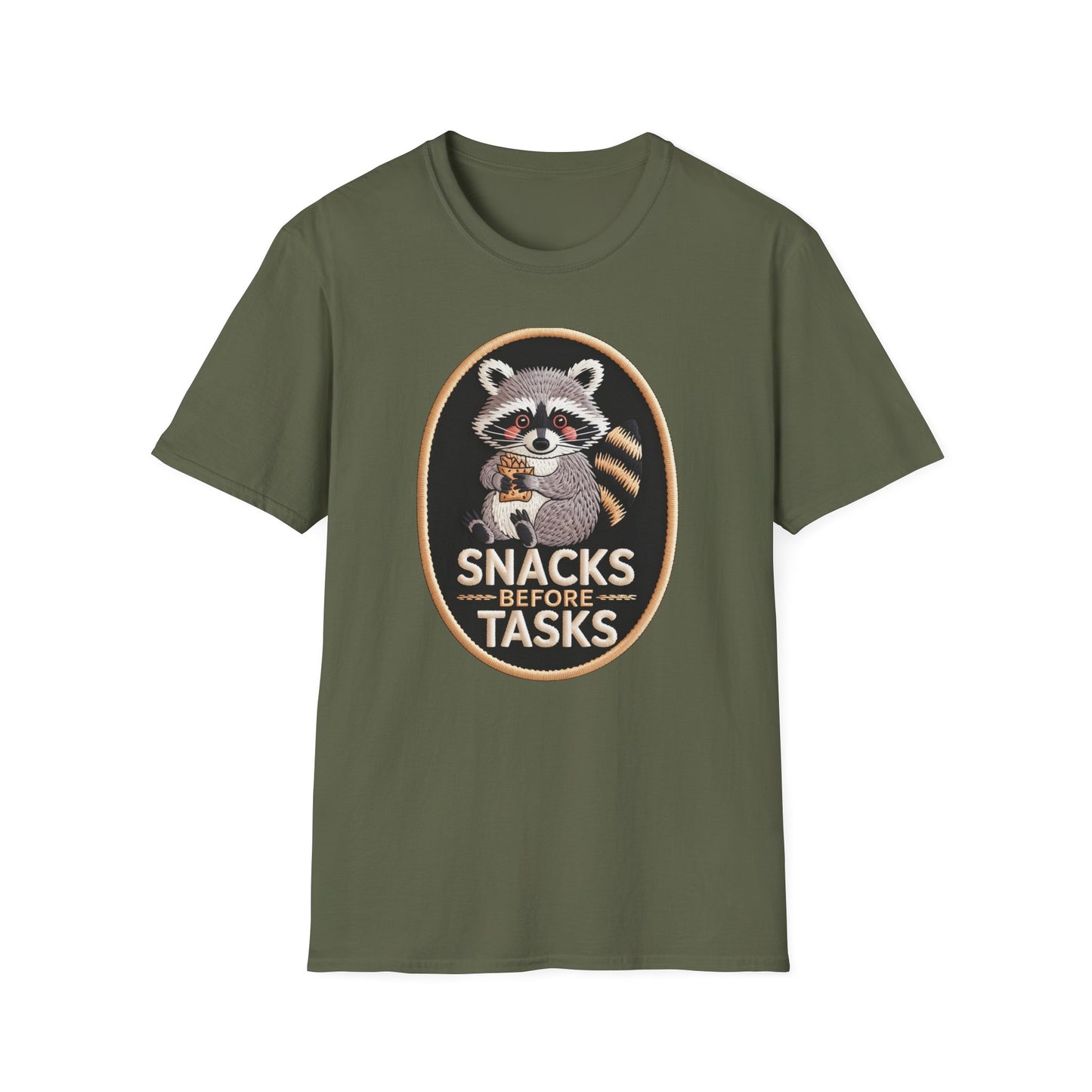 Irresistible Raccoon T-Shirt: "Snacks Before Tasks" Funny Animal Tee - Adorable Foodie Procrastination Gift