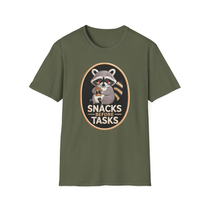 Irresistible Raccoon T-Shirt: "Snacks Before Tasks" Funny Animal Tee - Adorable Foodie Procrastination Gift