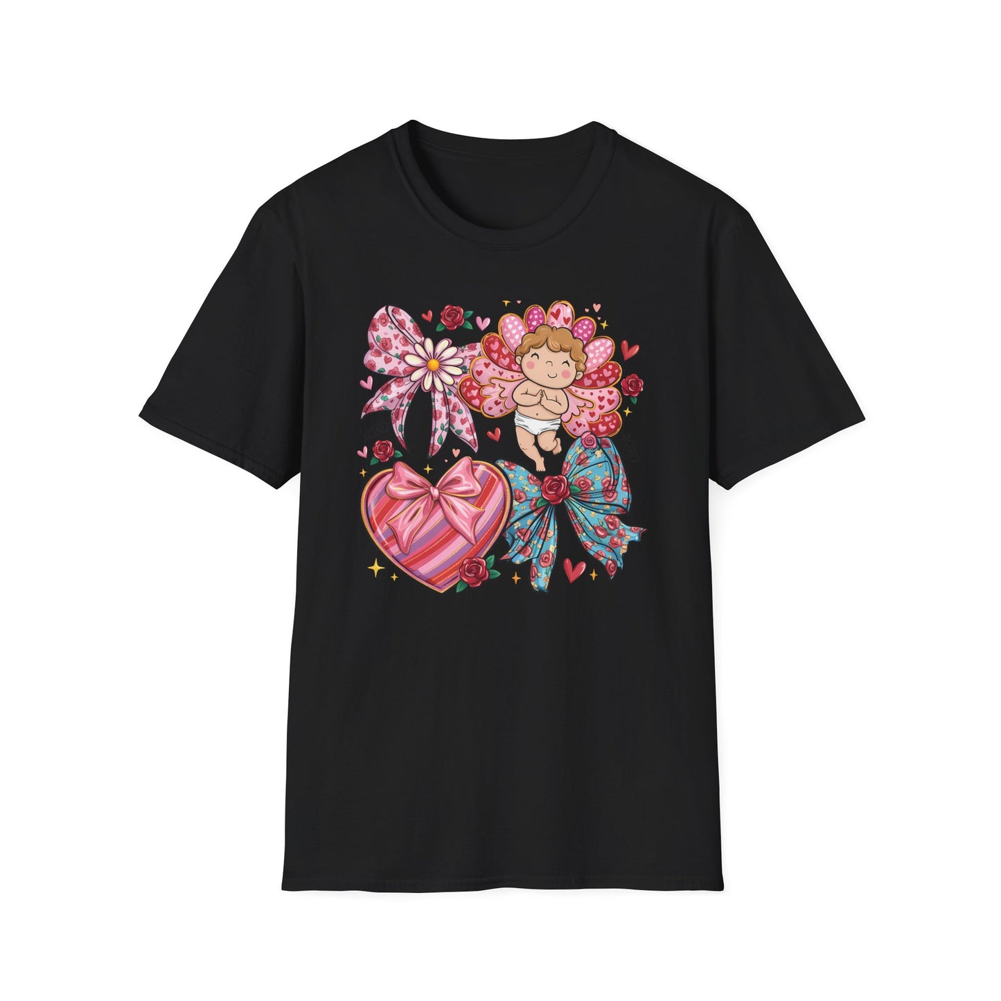 Adorable Valentine's Cupid & Love Heart T-Shirt - Sweet Roses & Bows Tee for Her | Perfect Romantic Gift