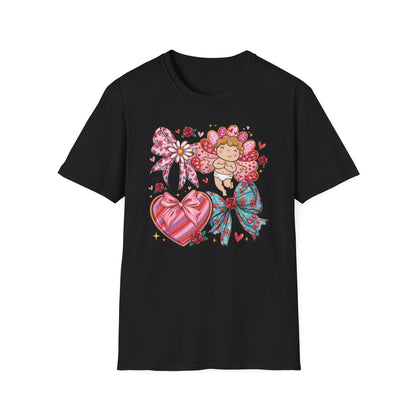 Adorable Valentine's Cupid & Love Heart T-Shirt - Sweet Roses & Bows Tee for Her | Perfect Romantic Gift