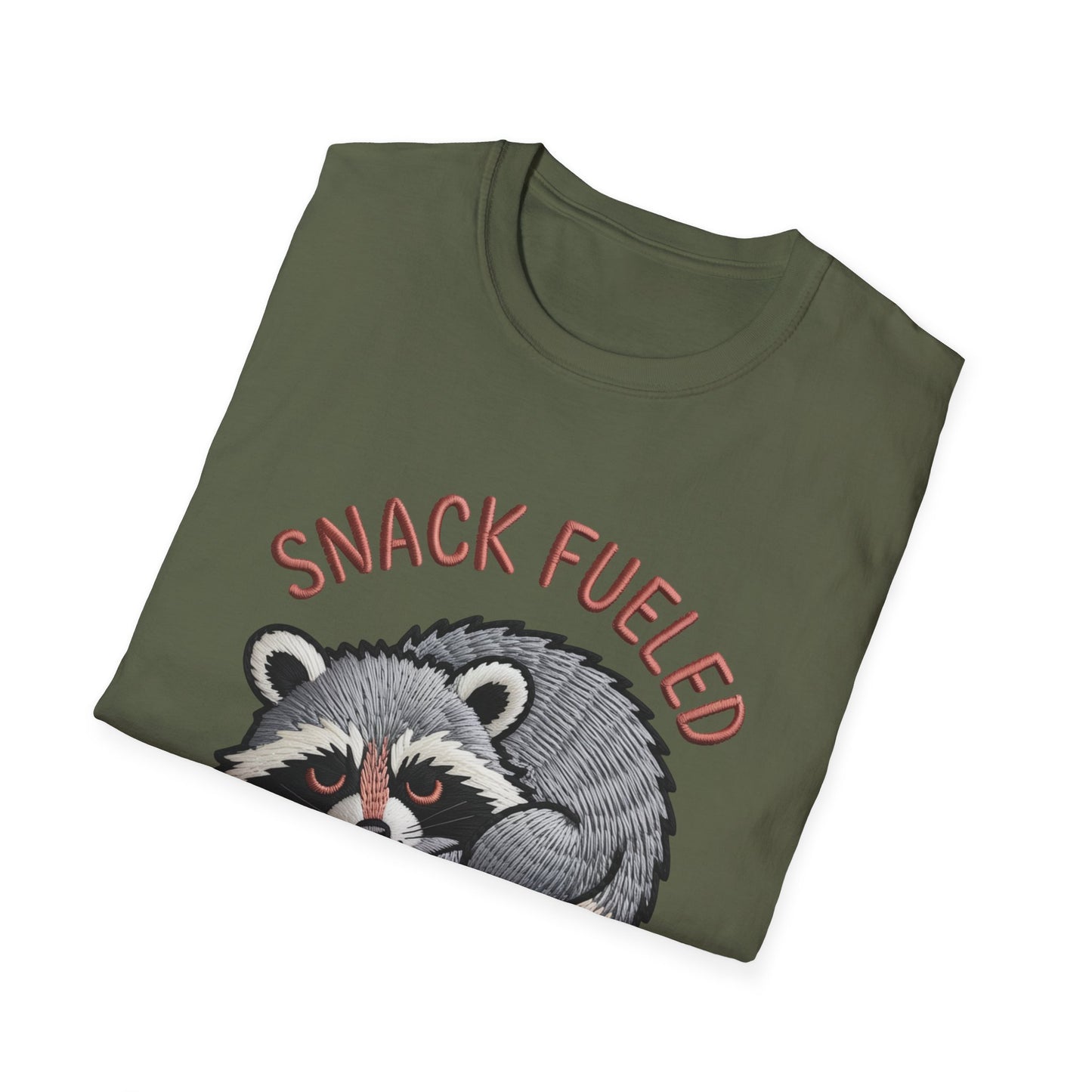 Adorable "Snack Fueled" Raccoon T-Shirt | Funny Embroidered Wildlife Tee for Animal Lovers | Cute & Cozy Gift